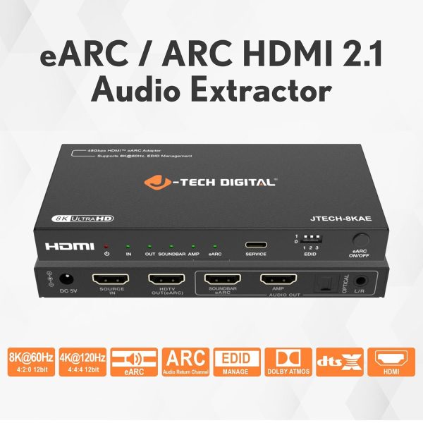 J-Tech Digital HDMI Audio Extractor 4K 30Hz 60Hz eARC-1