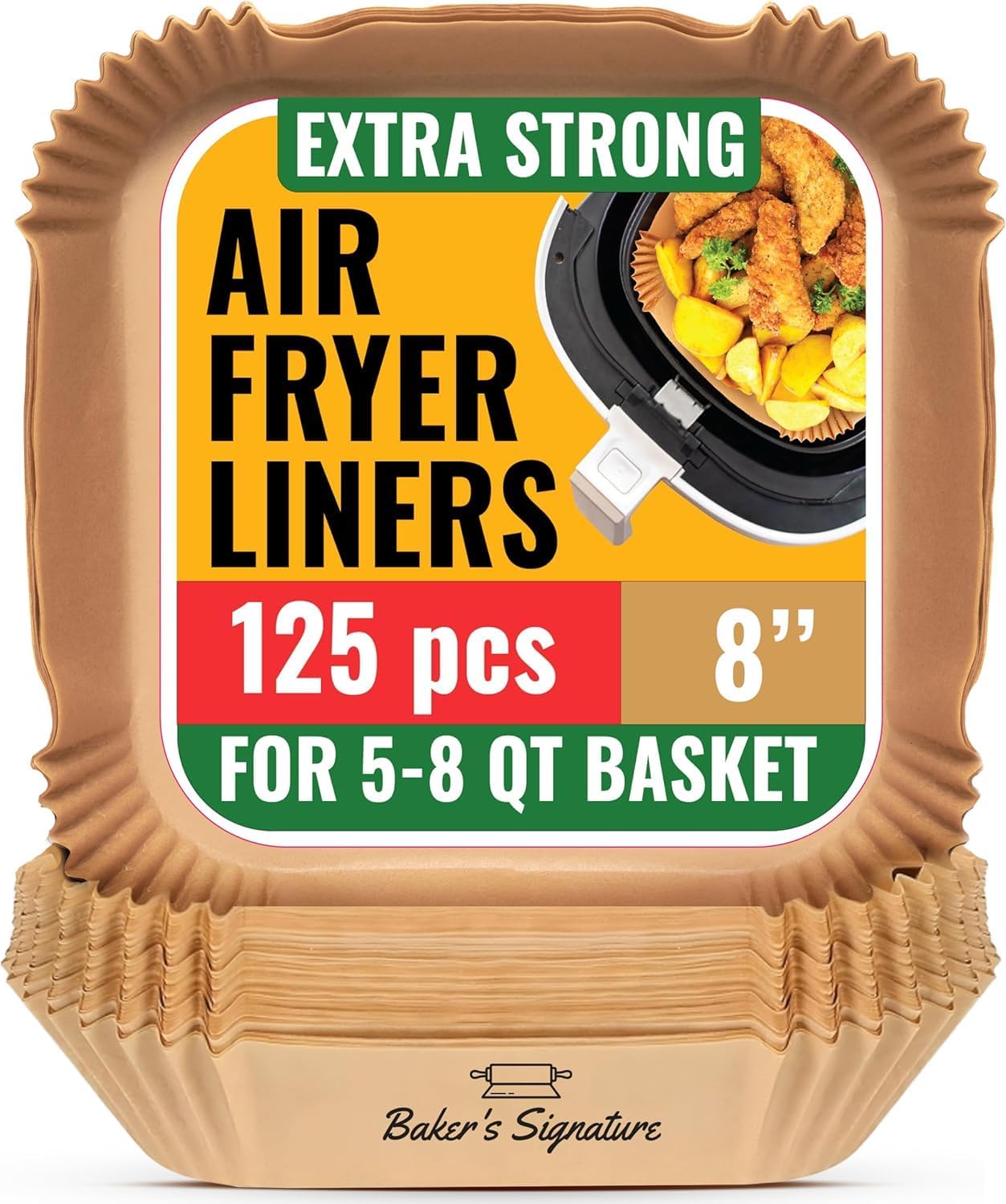 Baker's Signature air fryer liners in natural brown color on a kitchen counter