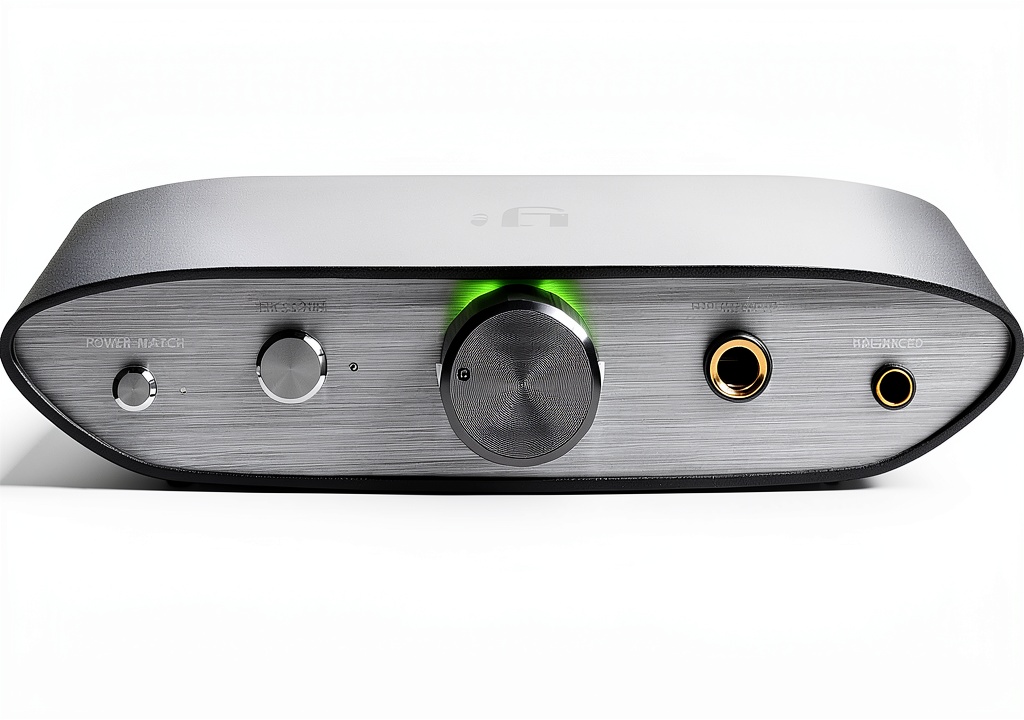 iFi V2 DAC connected to a laptop and headphones on a wooden desk