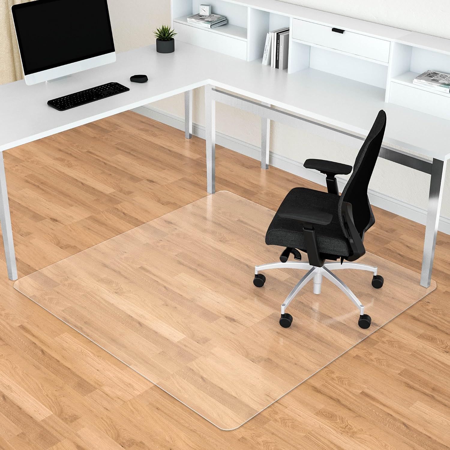 Installing Office Chair Mat for Hard Floors, 48” x 48” Large Floor Protector Mats, Easy Rolling Desk Chair Mat for Hardwood, Clear, Easy to Clean (Square) on a wooden desk